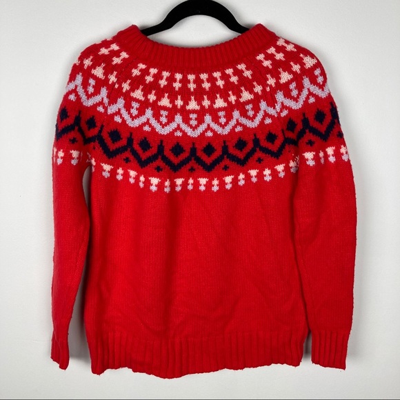 J. Crew Fair Isle Cerise Red Merino Wool Chunky Sweater - Picture 5 of 12